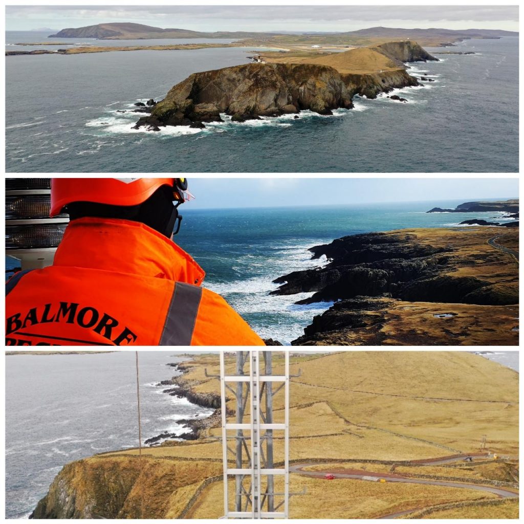 aerial drone inspection of communication tower on remote island